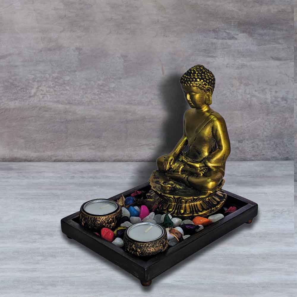 Golden Meditating Buddha Statue With Tray